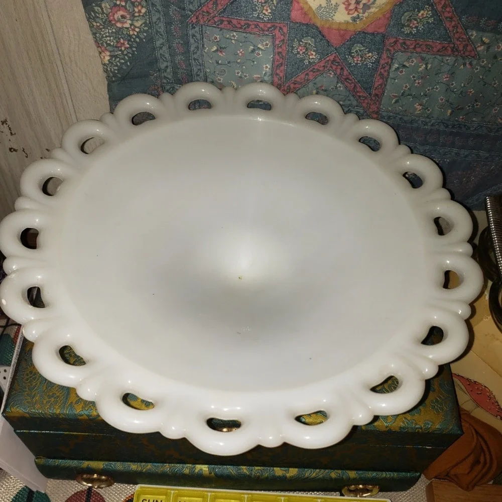 Vintage Milk Glass Pedestal Lace Edge Open Work Compote White Bowl